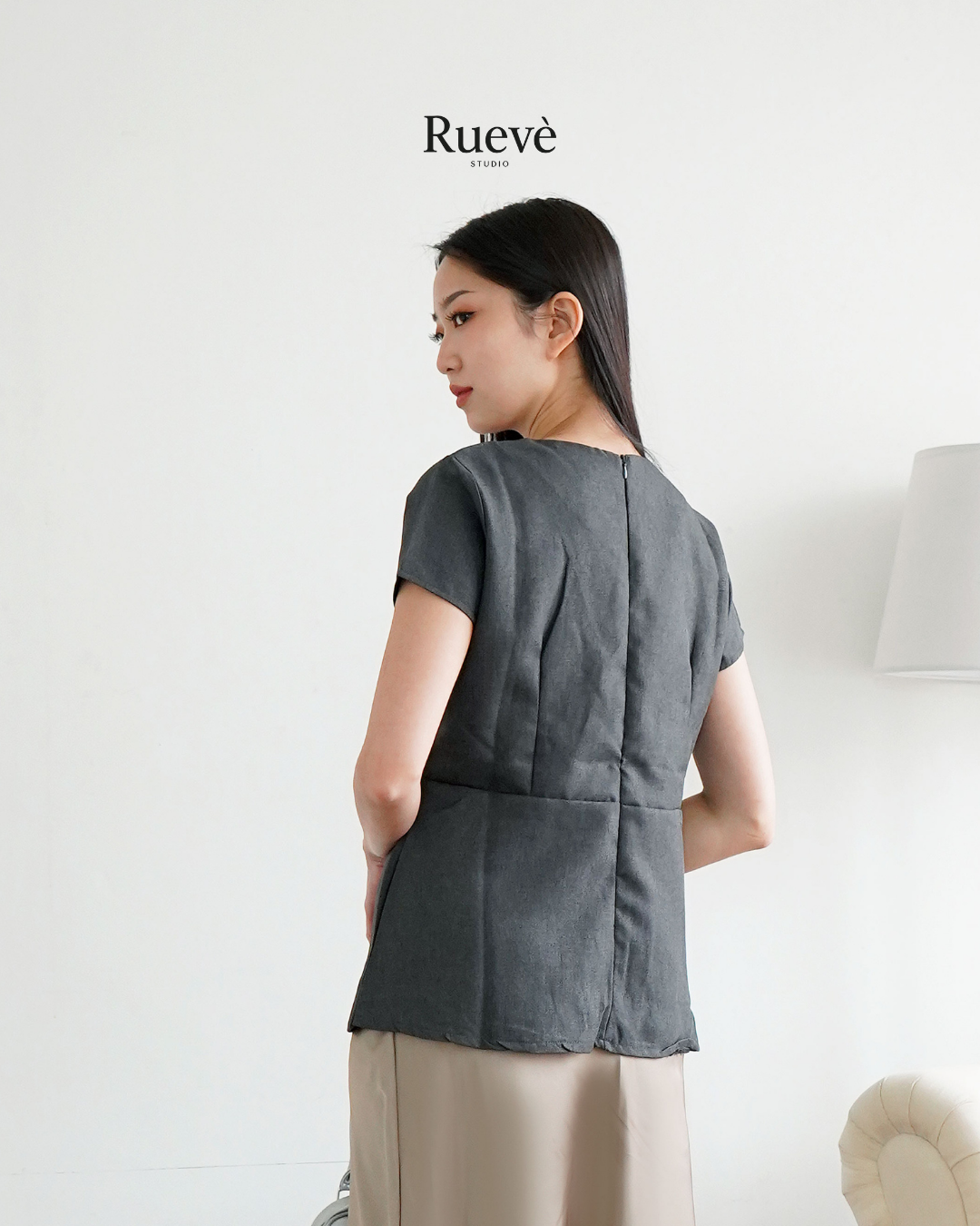 Ruevé Studio – Liora Top with Ribbon and Gold Rose Button | Feminine Basic Blouse