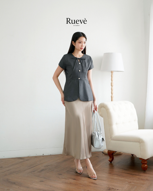 Ruevé Studio – Liora Top with Ribbon and Gold Rose Button | Feminine Basic Blouse