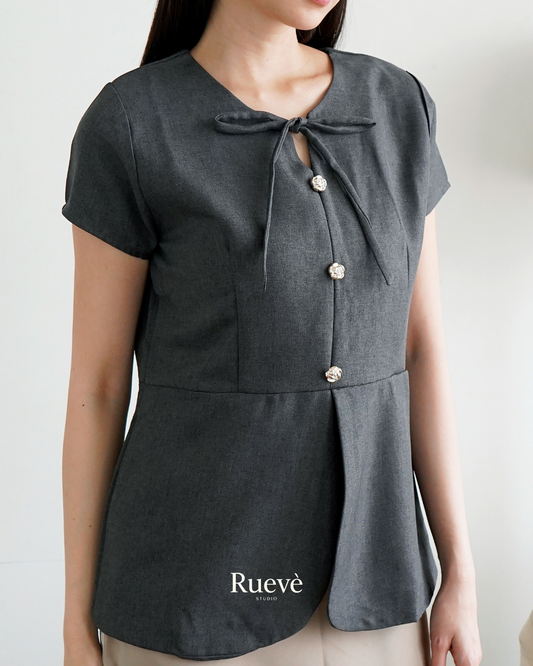 Ruevé Studio – Liora Top with Ribbon and Gold Rose Button | Feminine Basic Blouse